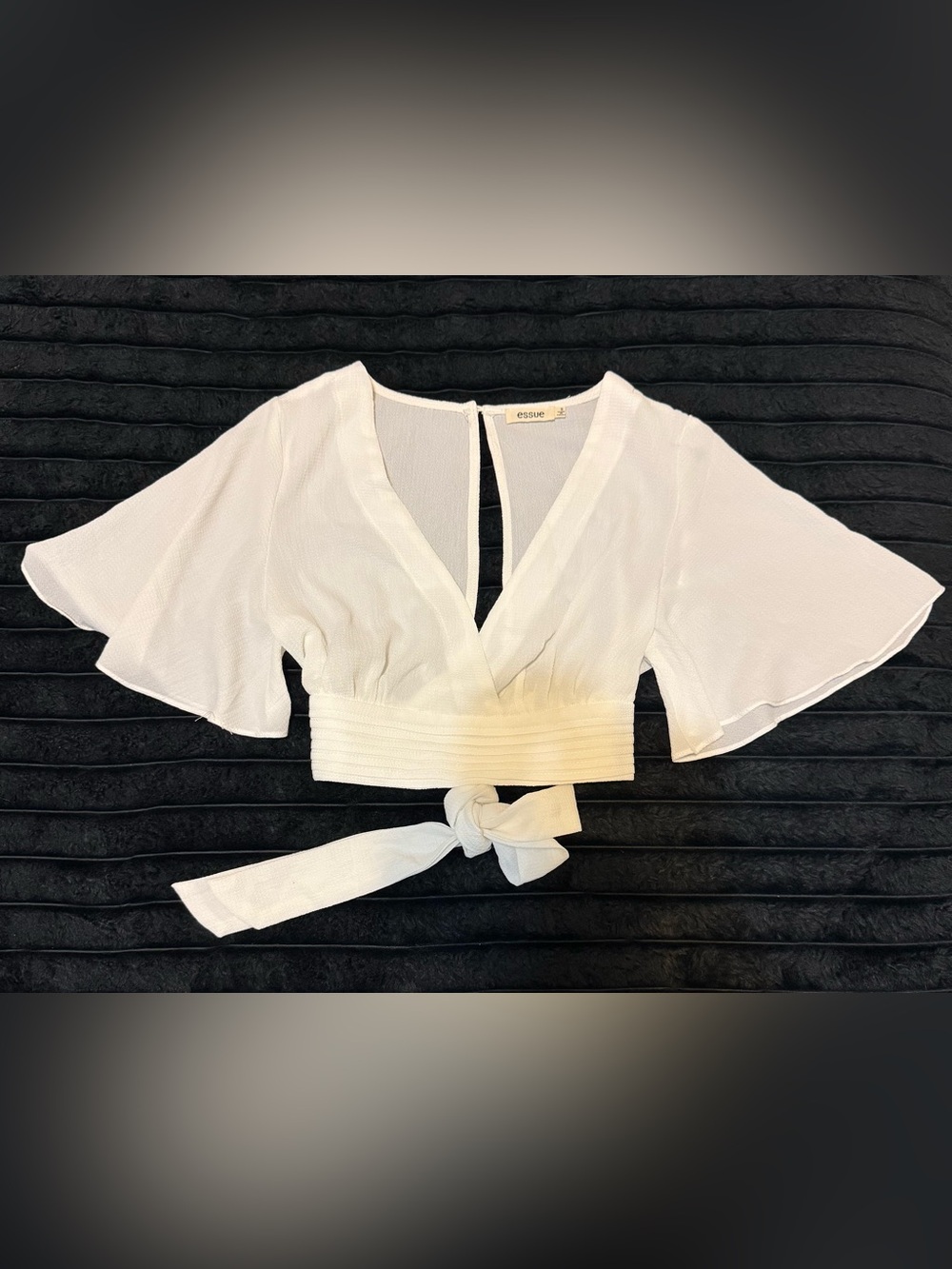 essue Cream Wrap Crop Top with Flutter Sleeves